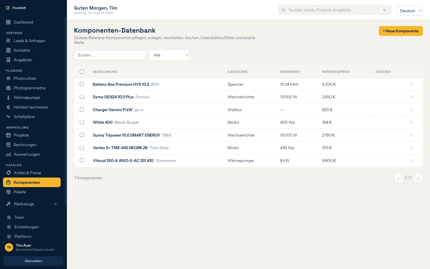 Komponenten-Datenbank in FlowVolt