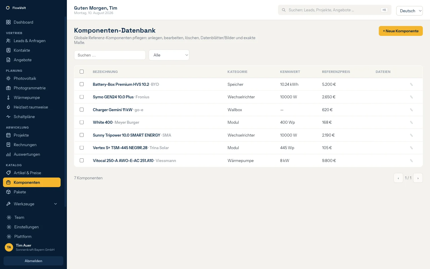 Komponenten-Datenbank in FlowVolt