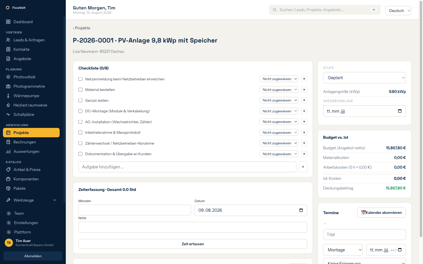 Projekt- & Installationsmanagement in FlowVolt